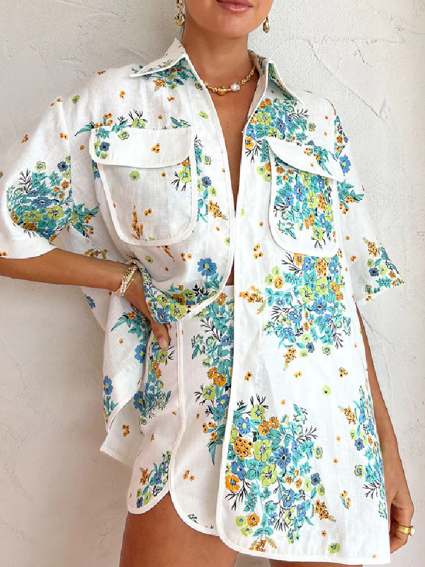 여성용 프린트 투피스 반팔 셔츠 세트, 턴다운 칼라 상의 반바지, 여성용 여름 휴가 해변 의상, 캐주얼 세트 2024