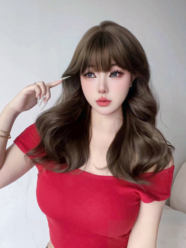 20Inch Cool Brown Synthetic Wigs with Bangs Long Natural Wavy Hair Wig for Women Daily Use Cosplay Drag Queen Heat Resistant