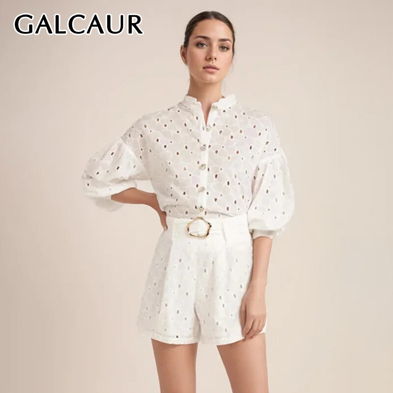 GALCAUR Casual Two Piece Sets For Women Stand Collar Short Sleeve Loose Top High Waist Spliced Belt Shorts Hollow Out Set Female