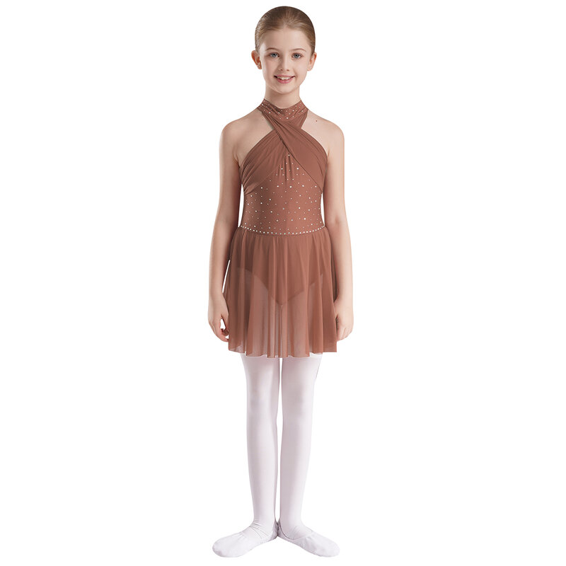 Детские блестящие танцевальные платья для девочек, трико без рукавов с открытой спиной, Сетчатое лоскутное платье с перекрестными вставками, одежда для сценических представлений и танцев