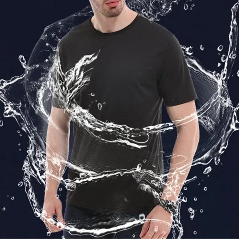 Camiseta de cor sólida hidrofóbica antisuja dos homens, A3450, macia, manga curta, secagem rápida, impermeável, desgaste respirável, desgaste criativo