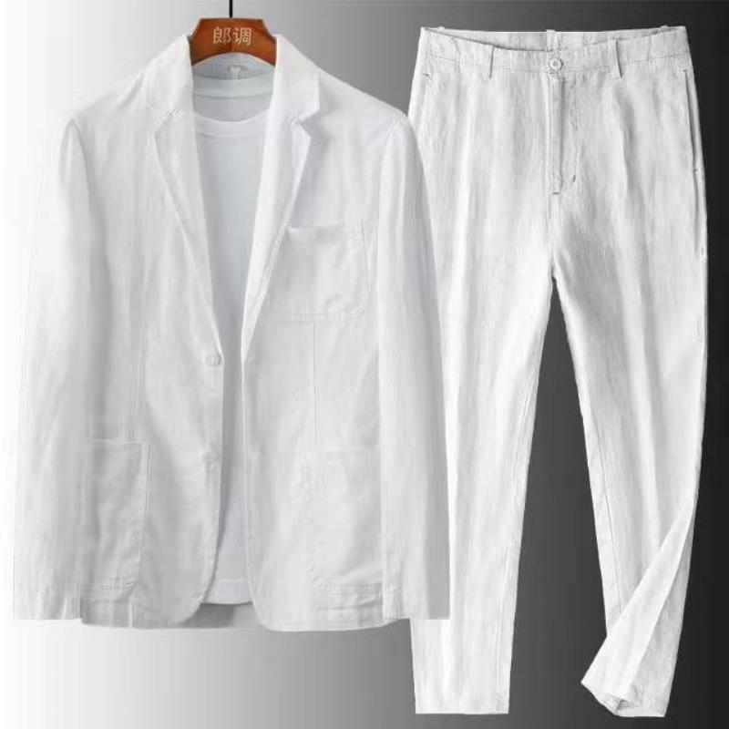 Primavera autunno moda uomo lino due pezzi giacca Blazer + pantaloni Solid Slim Fit Casual Business abbigliamento sottile vestito traspirante