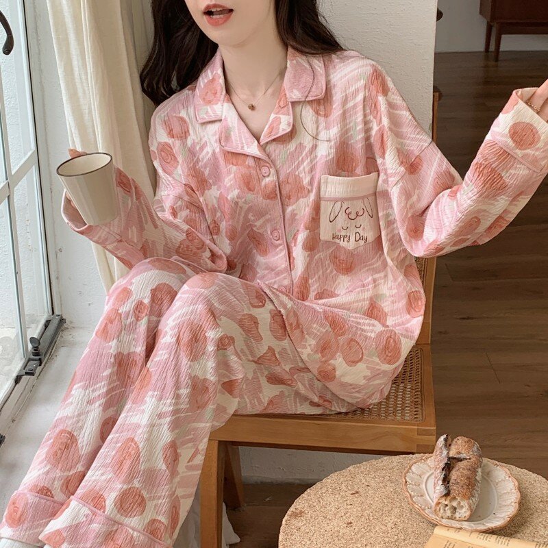 Women Pajamas Set Spring and Autumn Knited Cotoon Pyjamas Femme Floral Long Sleeve Sleepwear Girls Homewear