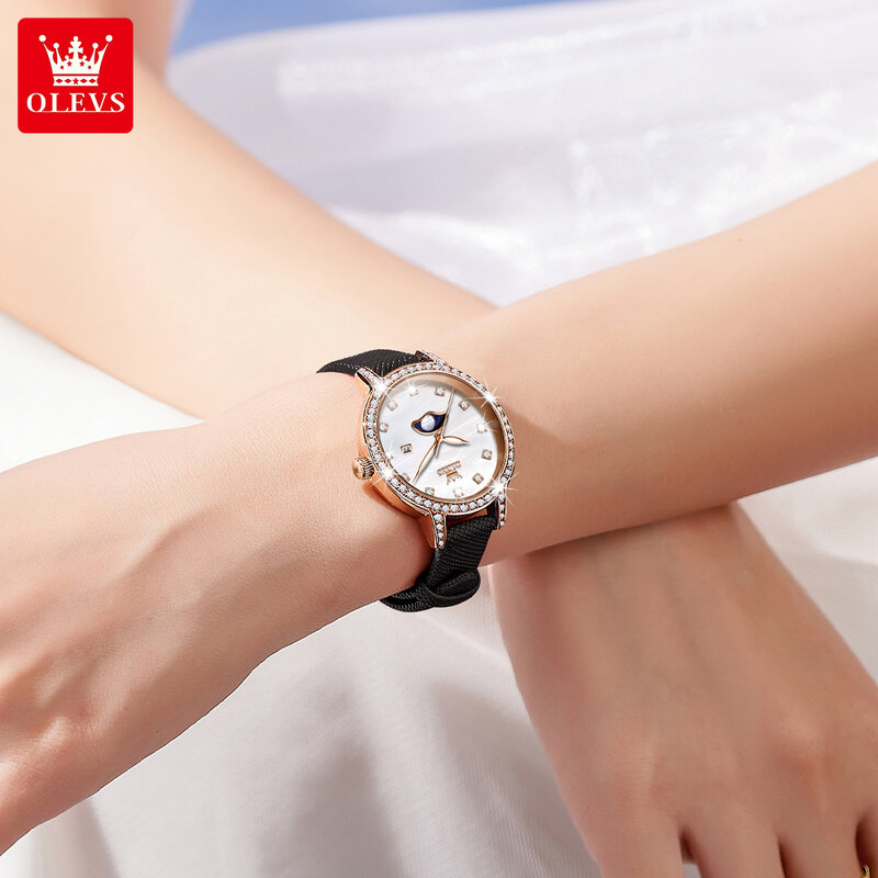 OLEVS-relojes de marca de lujo para mujer, pulsera de cuarzo con bisel de diamante, pantalla de fecha, correa de cuero, resistente al agua, conjunto de caja de regalo