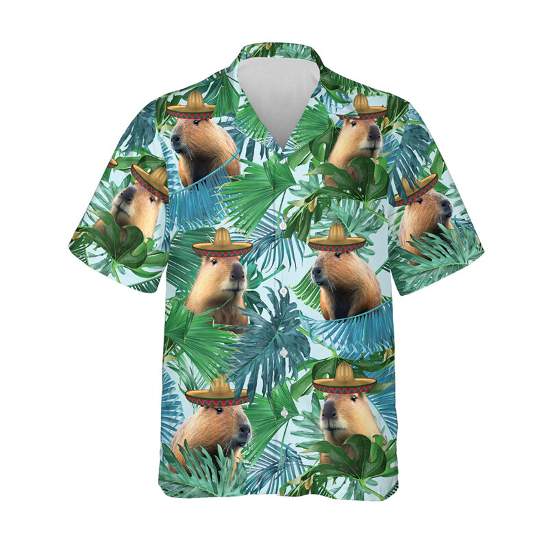 Kemeja motif 3D Capybara lucu untuk pria baju kasual lucu Kapibara kemeja pantai blus kerah wanita kartun hewan Hawaii