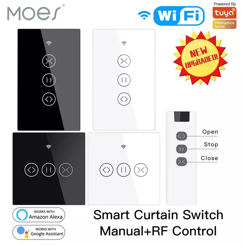 Moes wifi rf433 cortina de toque inteligente cortinas de rolo interruptor do motor tuya vida inteligente app trabalho de controle remoto com alexa google casa nós