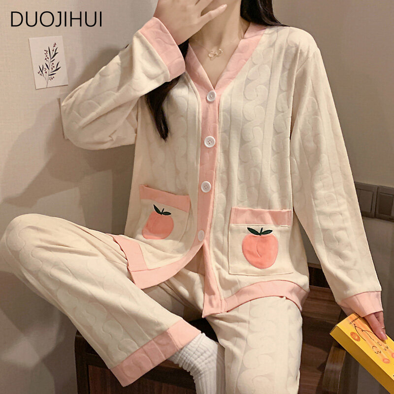 Duojihui-女性用ツーピースパジャマセット、Vネック、シックなボタン、ゆったりとしたカーディガン、基本的な甘い、シンプルなカジュアルパンツ、女性用パジャマ、ファッション