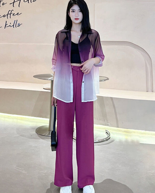 Fashion Suit Women's 2023 Spring and Summer New Loose and Gradual Change Long-sleeved Sunscreen Shirt Casual Pants Two-piece Set