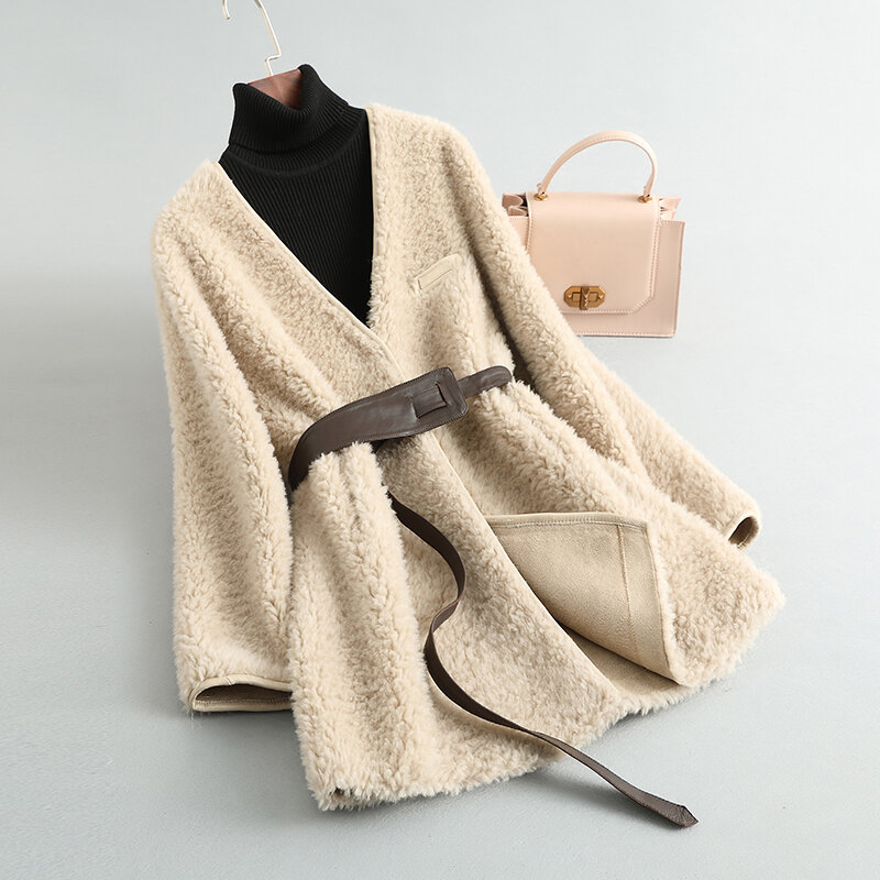 AYUNSUE-Chaqueta de lana elegante para mujer, abrigo de piel de longitud media, prendas de vestir para invierno, 100%