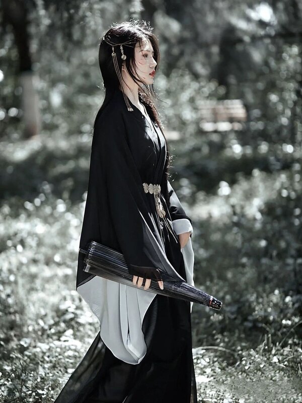 Fada chinesa Cosplay Conjunto Hanfu, decote cruzado, comprimento da cintura, vestido de manga grande, preto, novo, estilo Wei-Jin
