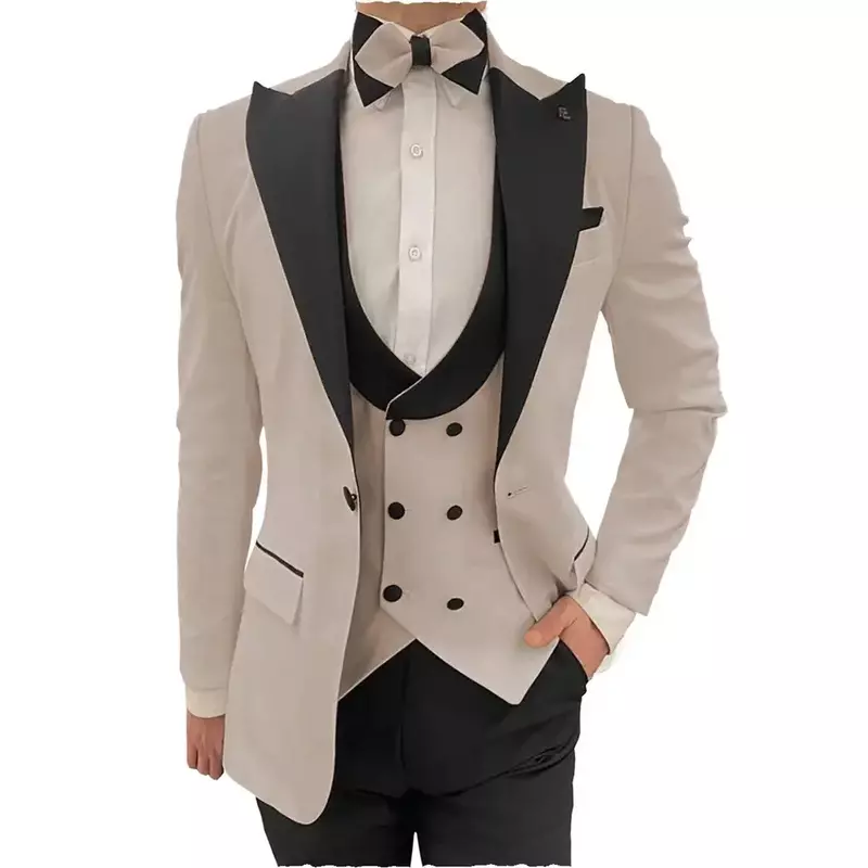 ชุดทักซิโด้ผู้ชายดีไซน์คลาสสิกชุด3ชิ้นเข้ารูปปกเสื้อเบลเซอร์กระดุมสองแถวงานแต่งงานเสื้อกั๊ก + กางเกงสวมใส่ชุดสูท