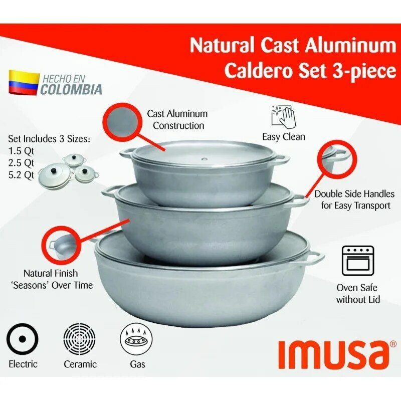 Imusa-Ensemble de four colombien avec couvercle, fonte d'aluminium, caldero ou néerlandais, 3 pièces