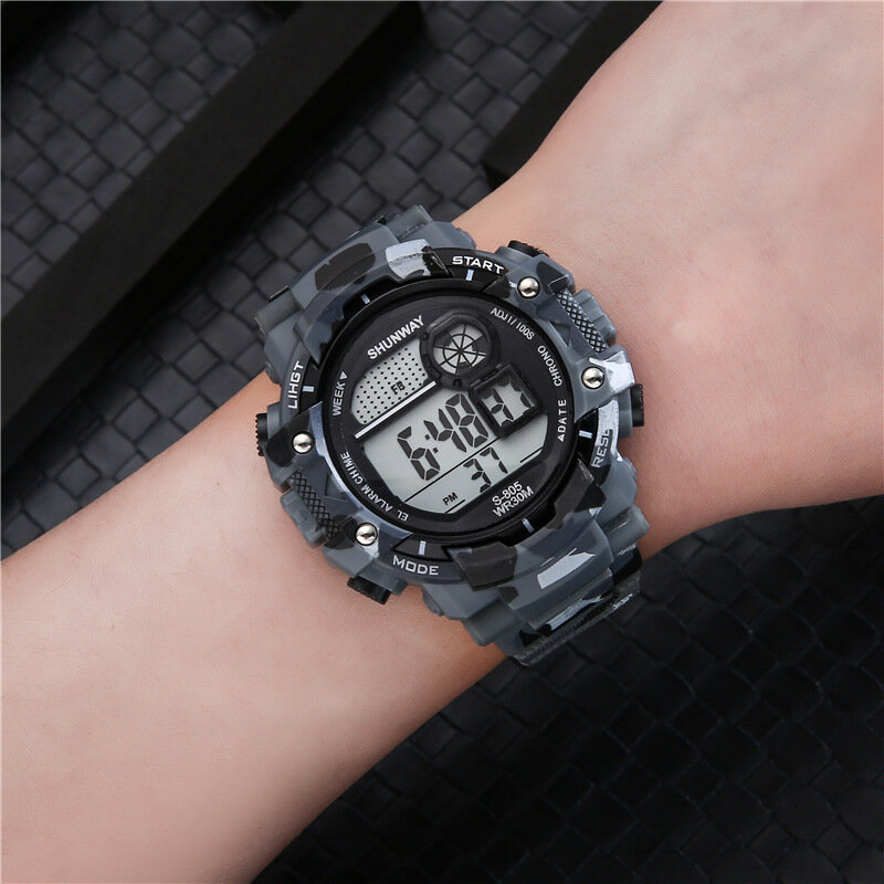 50M Waterproof Children Sports Electronic Watch Swimming LED Backlight Camouflage Green Digital Watches for Student Boy Gift 805