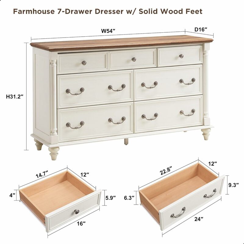 Country/ Farmhouse2/ 6/ 7 Drawers Dresser Chests for Bedroom w/4 Solid Wood Feet &Column Decor for Bedroom,  Living Room,Office