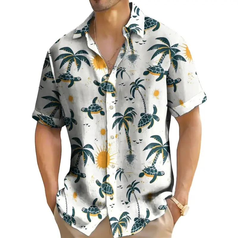 남성용 코코넛 트리 프린트 반팔 셔츠, 캐주얼 상의, 오버사이즈 하와이 셔츠, 해변 캐주얼 셔츠, 패션 2024