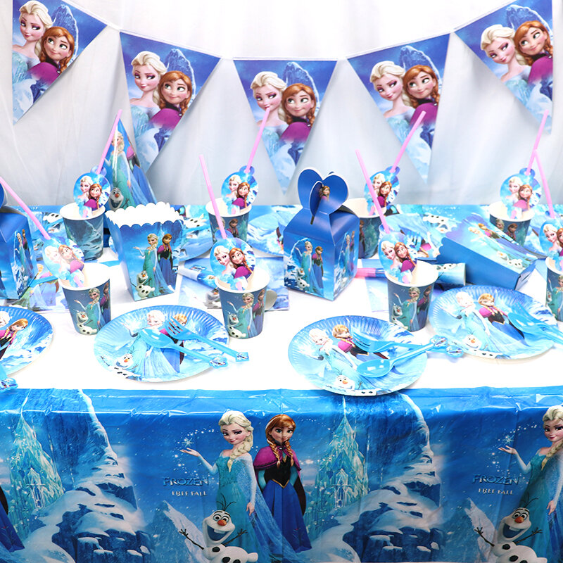 Frozen Anna Elsa dekorasi pesta ulang tahun anak, piring peralatan makan sekali pakai cangkir serbet balon perlengkapan mandi bayi