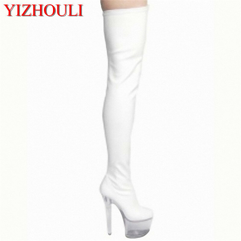 섹시한 투명 밑창 부츠, 모델 무대 워킹화, 세련된 우아함, 무릎 위 부츠, 17cm