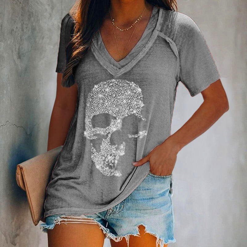 2023 Summer Women T-Shirts Casual Black Fashion V Neck Pullover Short Sleeve Printed Loose Daily Fashion Tops Design Clothe