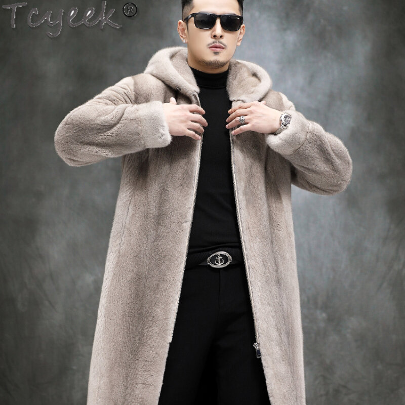 Cyceek-メンズ毛皮の冬のロングコート,フード付きの暖かい本物の毛皮のジャケット,カジュアルなファッション,自然なミンクの髪,高品質のコート