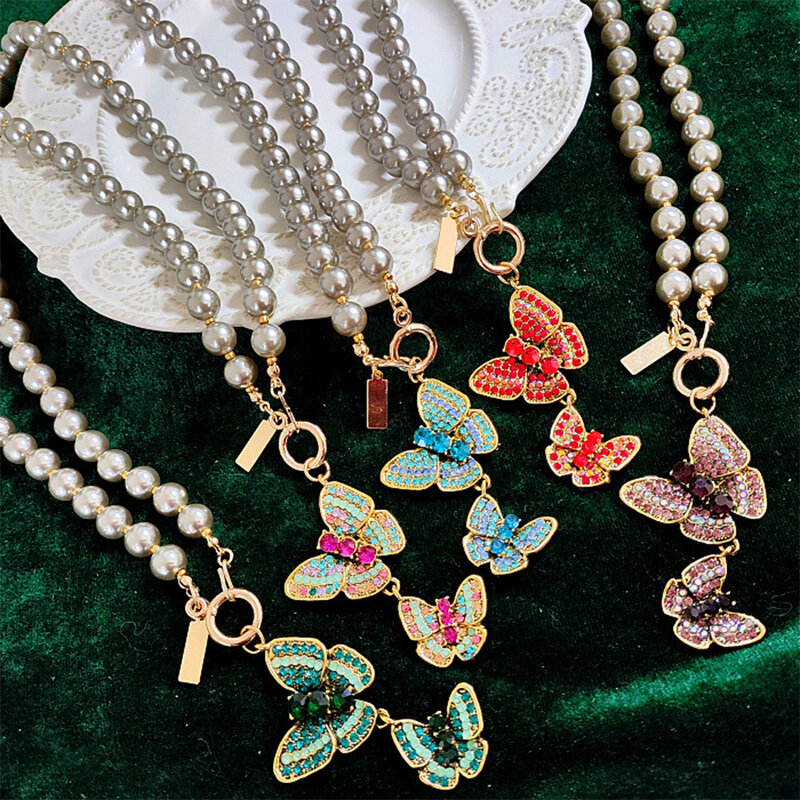Colares de pingente borboleta para mulheres e meninas, pérola de vidro, temperamento vintage, presente de festa
