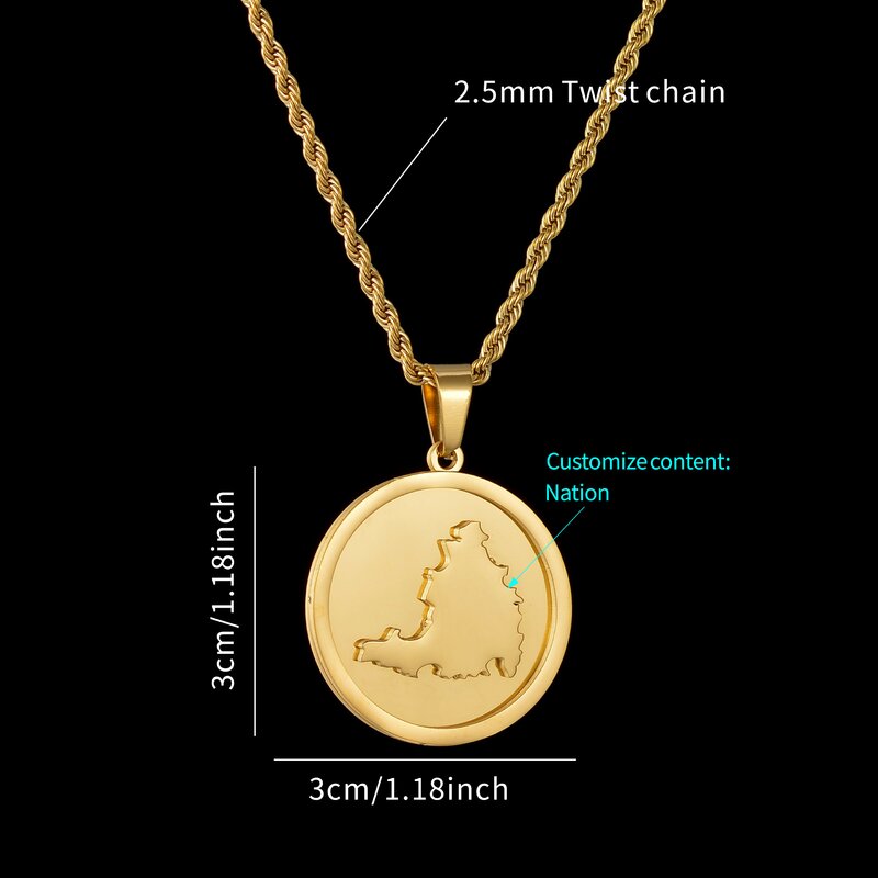 Customized Name Logo Necklace for Women Men Stainless Steel Personalized Map 2 Sides Welding Round Pendant Twist Chain Gift