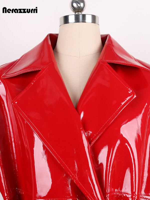 Nerazzurri Spring Autumn Long Shiny Reflective Red Faux Patent Leather Trench Coat for Women Loose Casual Runway Fashion 2024
