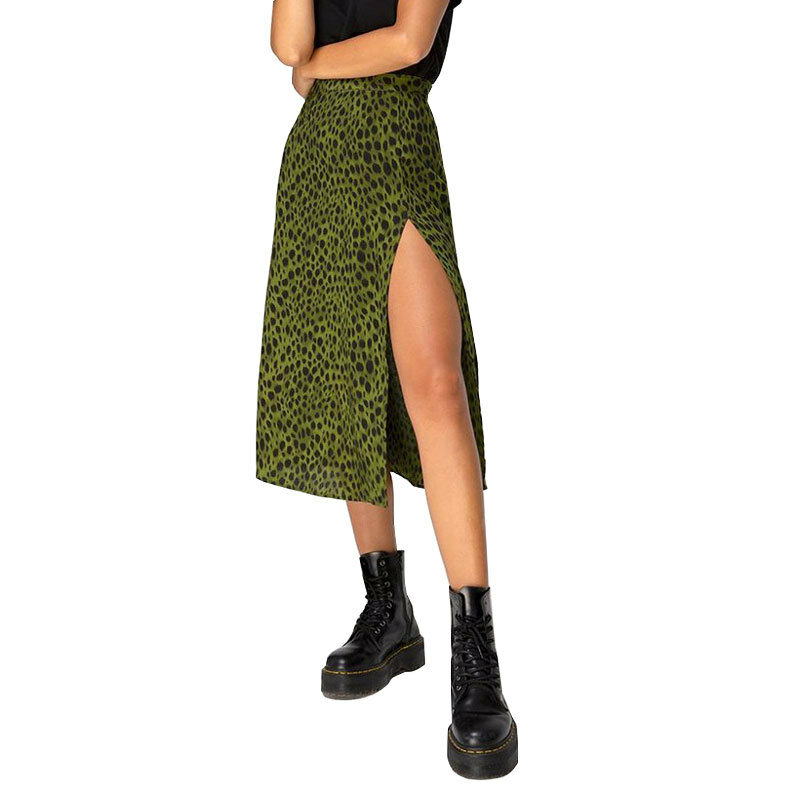Women's Skirt Summer Sexy High Waist Slit Floral Skirt Leopard Print Skirt Slit Hip Cover Skirt Mid-Length A-Line Skirt