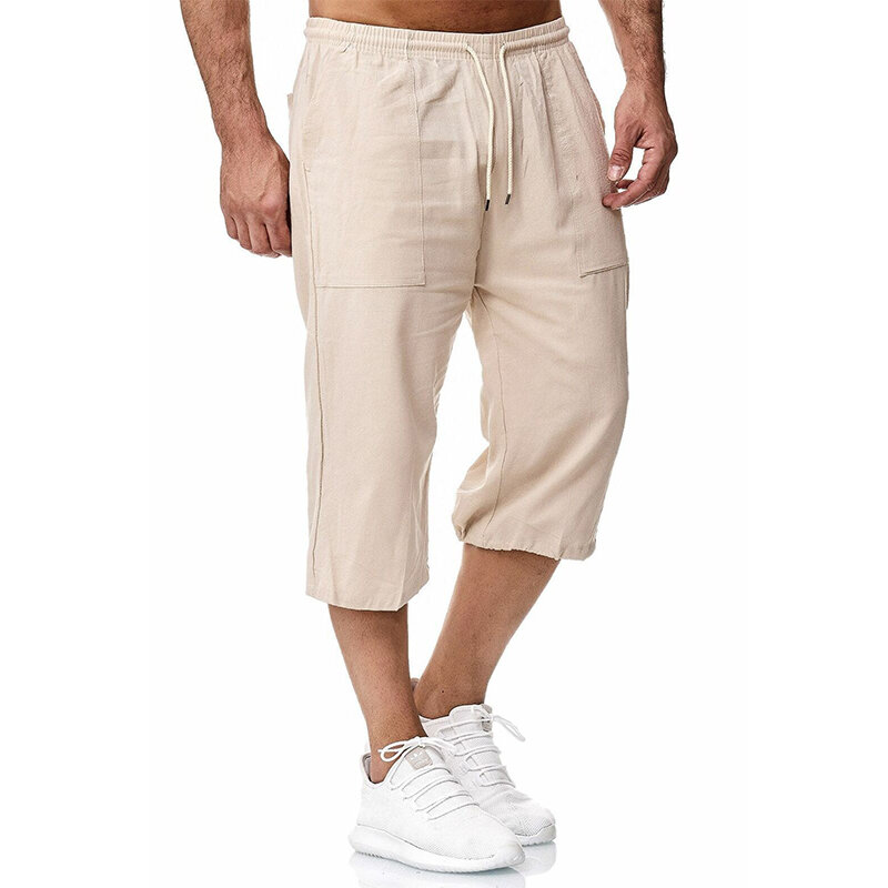 Pantalones cortos informales de verano para hombre, Shorts de algodón mezclados, cintura elástica larga, bolsillo suelto con cordón, 3/4 de longitud, ropa de calle diaria