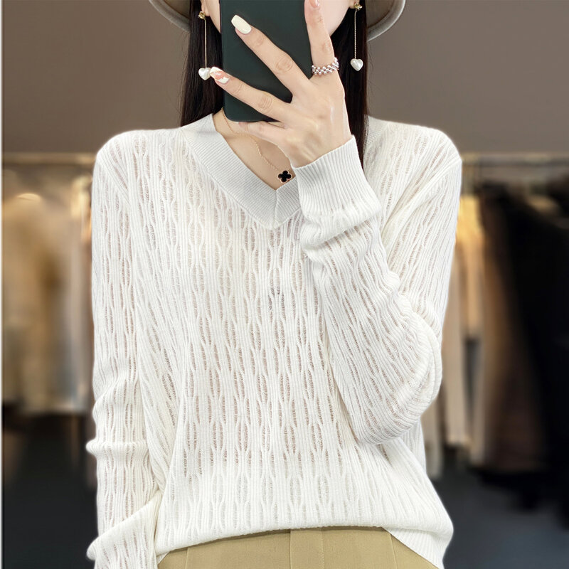 Malhas Vneck Pullover feminino manga comprida bem penteado lã malhas escavar versátil moda Top primavera/verão novo estilo