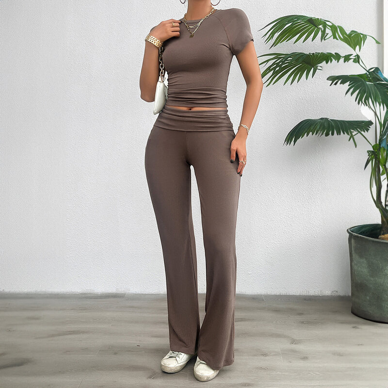 YEAE Slim Short Sleeve Long Pants Set Solid Color Round Neck Short Sleeve Top T-Shirt Straight Nine Pants Sports Fitness Suit