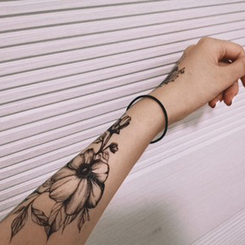 Stiker Tato Sementara Wanita Perempuan Baru Desain Mawar Hitam Seni Tubuh Lengan Bunga Penuh Stiker Tato Palsu Besar
