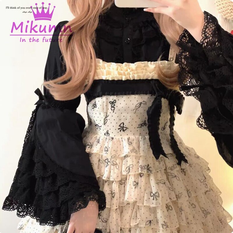 Bluzki w stylu Gothic Lolita bluzki damskie wiktoriańskie elegancka koronka w stylu Vintage falbany z rozkloszonymi rękawami dziewczyny japońskie koszule Kawaii