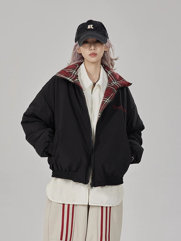 Double-sided Cropped Plaid Padded Jackets Men Loose Zipper Stand Collar Parkas Winter Woman Thicken Warm Bubble Puffer Coats New