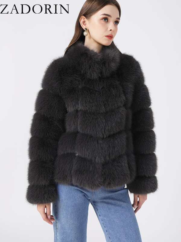 ZADORIN Winter Clothes For Women Stand Collar Splicing Long Sleeve Faux Fur Coat Women Black White Fluffy Jacket Faux Fur Coats
