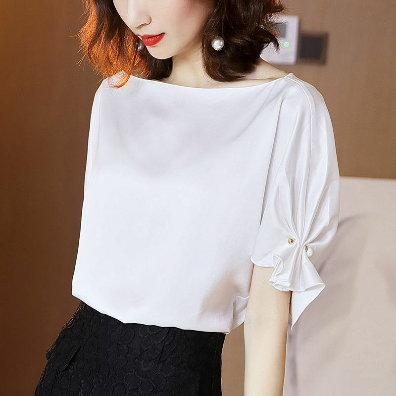 2023 Summer Fashion Solid Color Short Sleeve Blouses for Women Pullovers Ladies Embroidered Flares Pleated Elegant Shirts Tops