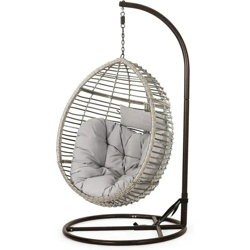 Christopher Knight Home Leasa Outdoor Wicker Hanging Basket Chair with Water Resistant Cushions and Iron Base, Grey / Black