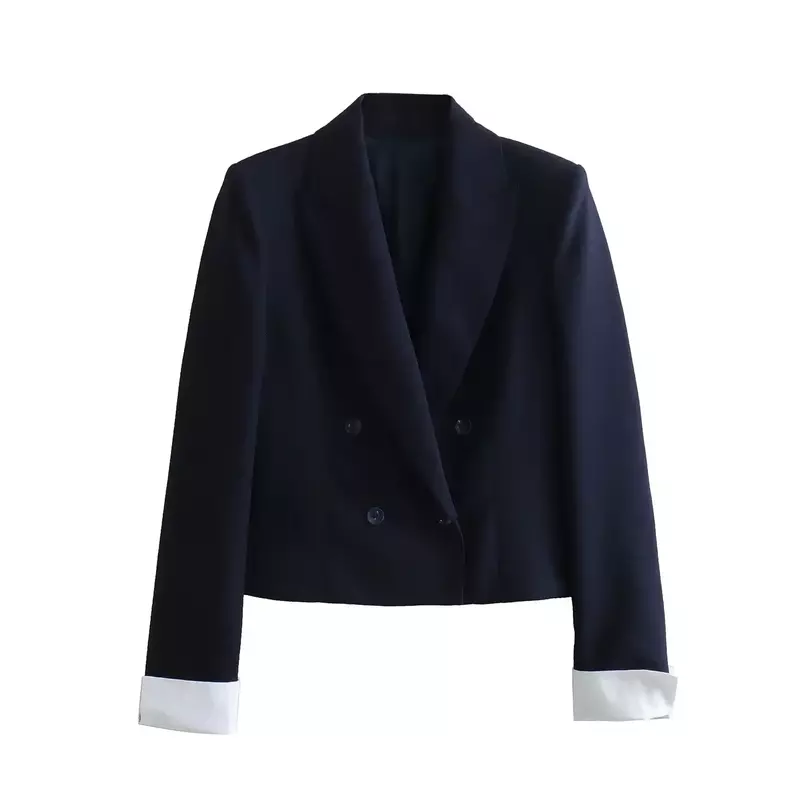 Women New Fashion Spliced cuffs design Cropped Double Breasted Slim Blazer Coat Vintage Long Sleeve Female Outerwear Chic