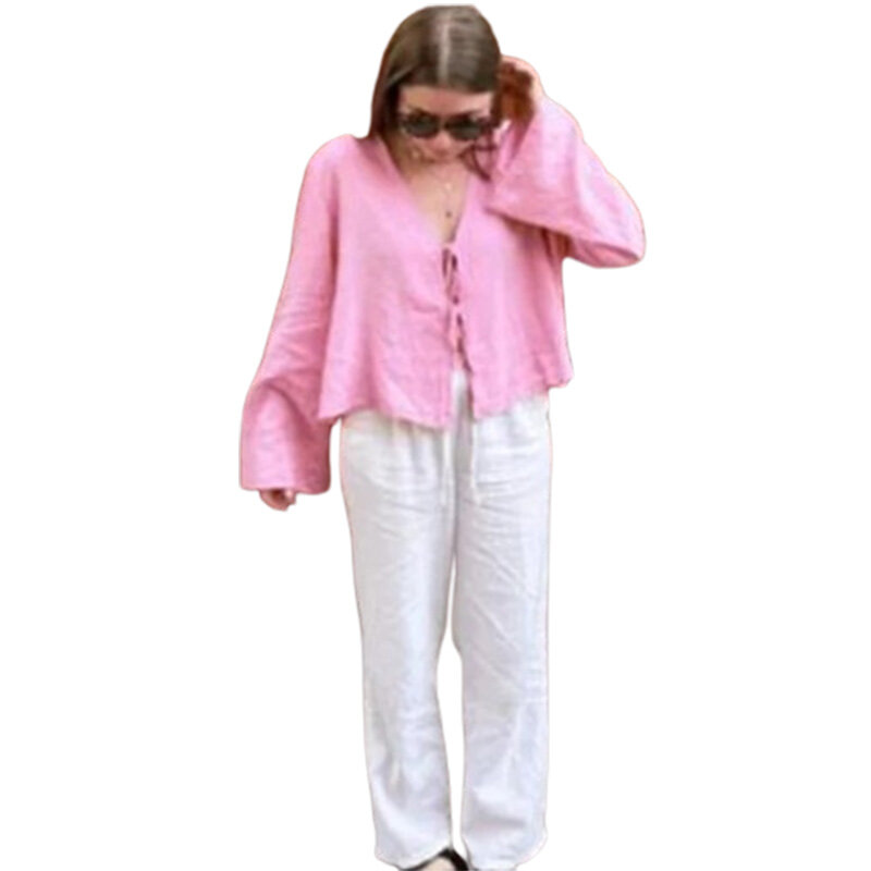 Blusa de manga larga con cordones para mujer, camisa holgada informal de algodón y lino verde con cuello en V, moda elegante para Primavera, 2024
