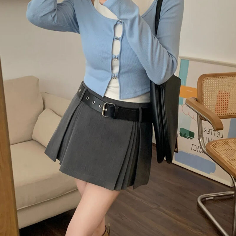 Grey Skirt Gift Belt Built in Shorts Women A-line Pleated Skirt Slim High Waisted American Spicy Girl Pure Desire Korean Fashion