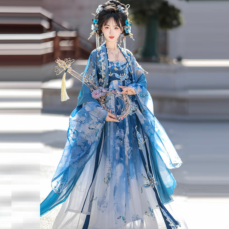Verão Hanfu traje feminino, estilo azul chinês, bordado, estilo Tang retro, estudantes desempenho, desempenho, tiro
