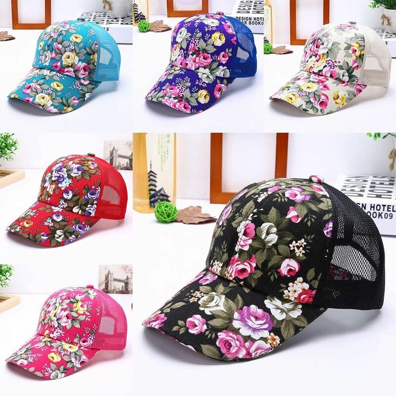 Casquette de baseball en maille imprimée de fleurs en coton pour dames, chapeaux Snapback réglables, respirante, mode