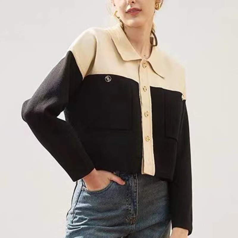 Denim Planet 2024 New Knitted Cardigan Women Commute POLO Collar Single-breasted Splicing Fashion Short Knit Coat