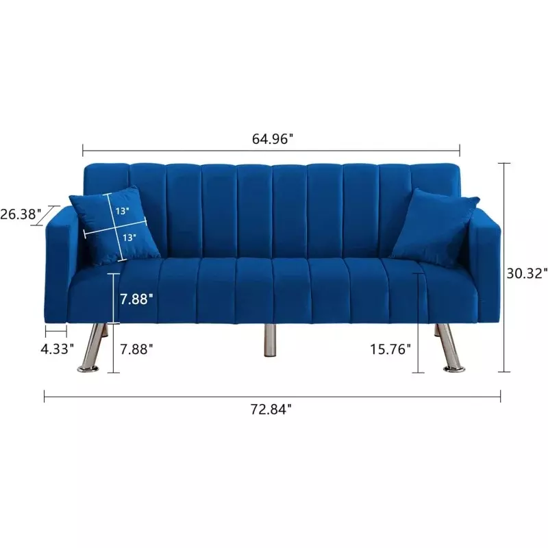 أريكة نوم مخملية حديثة مع إطار خشبي وساق معدنية ، سرير أريكة منجد ، وسائد قابلة للتحويل