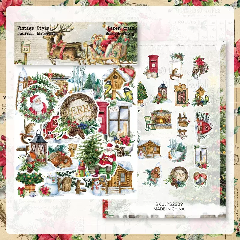 Autocollants de Noël vintage pour bricolage, matériel de décoration, autocollants de collage, journal, manuel, 40 pièces