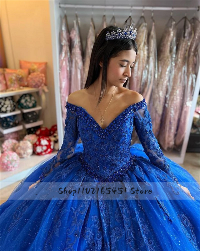 Królewska niebieska księżniczka Quinceanera sukienki koronkowe aplikacje cekiny studniówka słodka 16 sznurowana vestidos de quinceanera mexicana
