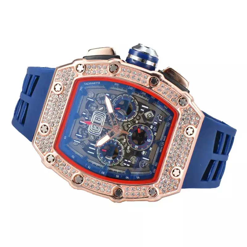 Relógio de movimento multifunções masculino conjunto de diamantes borda 6 pinos, marca RM Top AAA, relógio de luxo automático, moda, 2024