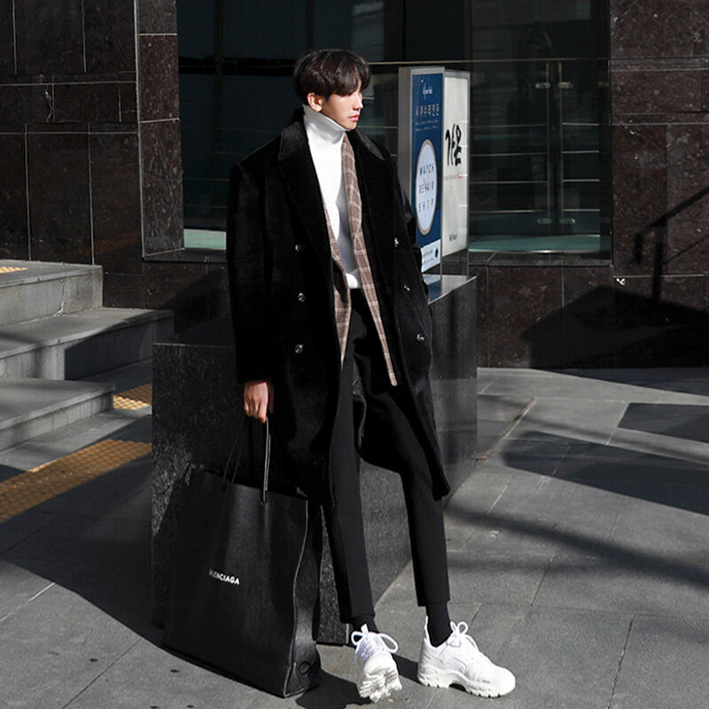 Мужское шерстяное пальто средней длины, утепленное пальто средней длины с подкладкой из флиса, Корейская версия, зима