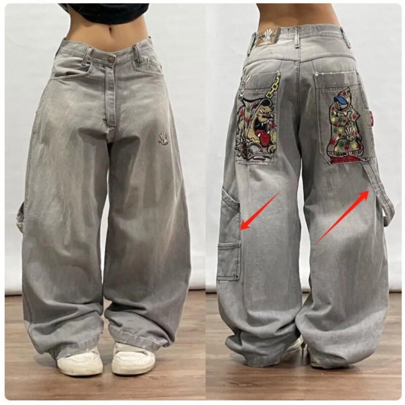 Deeptown koreańska moda Y2K Hip Hop Street jeansy damskie gotycka Death Print Harajuku w stylu Vintage główna ulica szerokie nogawki spodnie dżinsowe w talii