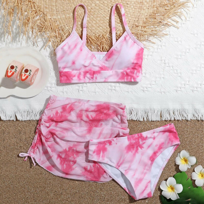여아용 꽃무늬 프린트 수영복, 귀여운 십자형 타이 염색, 3 피스 수영복, 8-14 세 여름 수영복, 2023 신상 패션