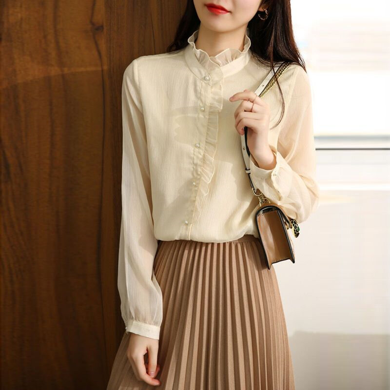 Blusa informal de Chifón con manga larga para mujer, camisa elegante y elegante con cuello alto y volantes, con botones y cuentas, color liso